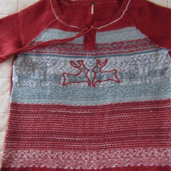 FREE PEOPLE-OVERSIZED WINTER HOLIDAY SWEATER-ANGORA-DEER-TIE NECK-CHRISTMAS-RUST - Picture 2 of 10